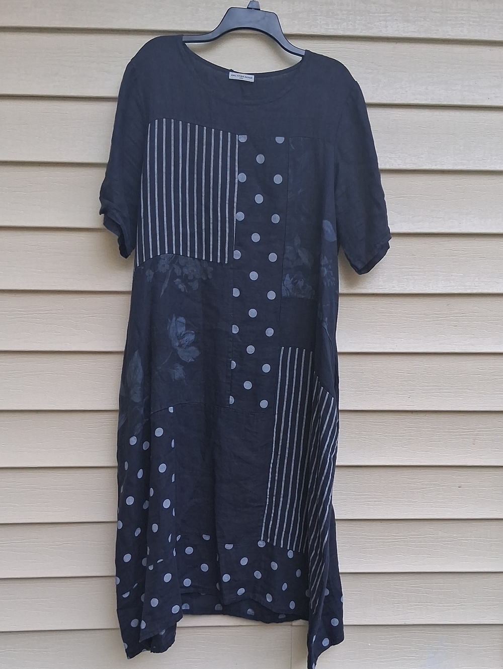 Casual Polka Dot & Stripe Patchwork Linen Maxi Dress - Black